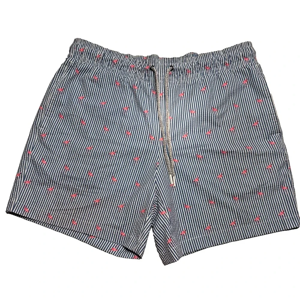 Rainforest Men's L Swim Trunks Bering Sea Navy Stripe Pink Flamingo 4Way Stretch